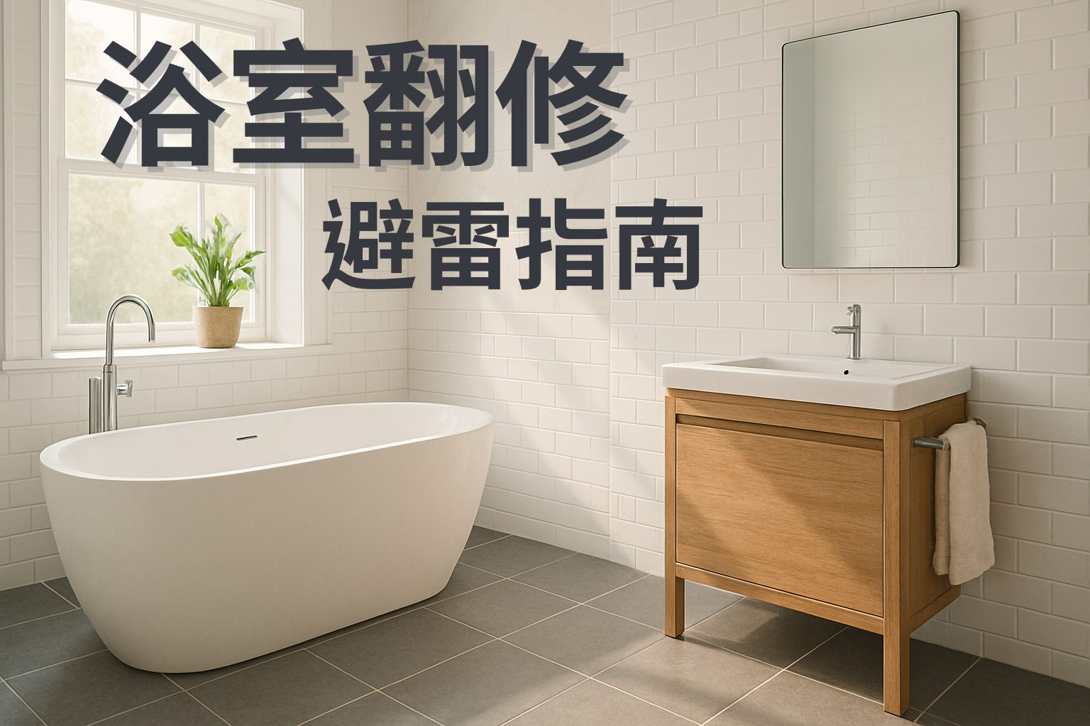 翻修後明亮、乾爽又具設計感的現代風浴室，包含獨立浴缸與木質浴櫃。