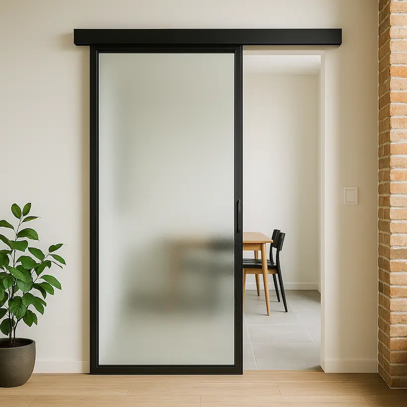 現代室內空間中的懸吊拉門，鋁框搭配霧面玻璃，無地軌設計，展現通透與簡潔風格