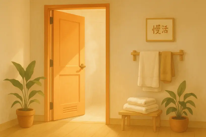 陽光灑進帶有橙色門框的衛浴空間，空氣流通，氛圍溫暖自然