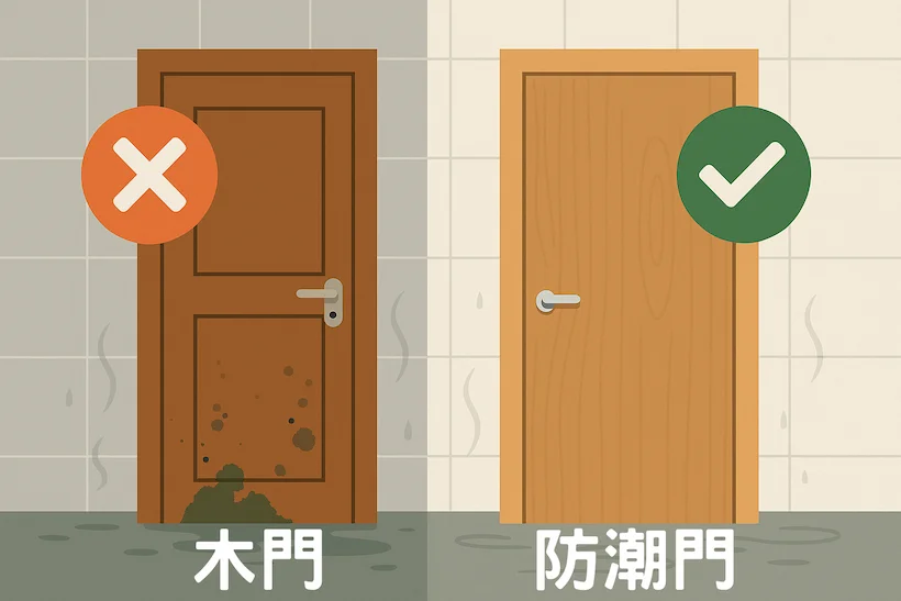 浴室門不要選木門的比較圖,顯示木門與防潮門在濕氣環境下的差異
