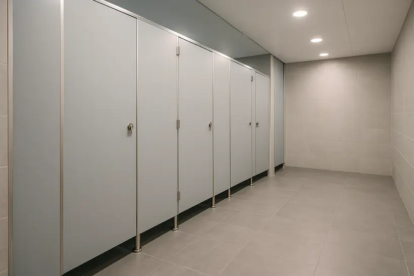 現代化搗擺隔間公共廁所，展示耐用材質與通風清潔設計