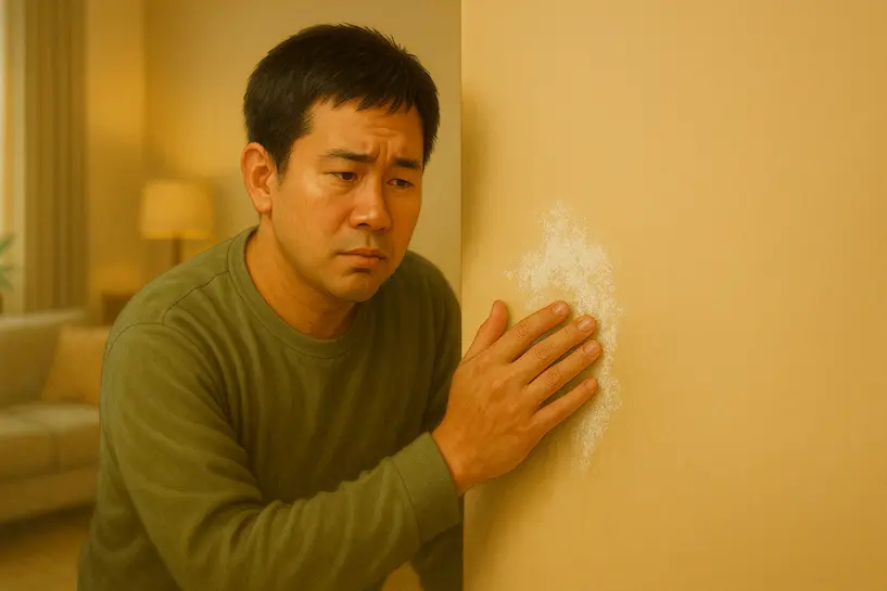 一名屋主正在查看牆壁上初步出現的白色壁癌,神情顯得有些困擾。