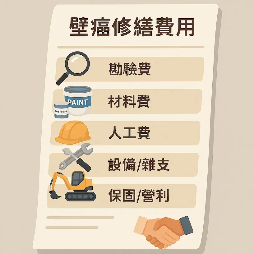 壁癌處理費用的構成要素,包含檢測費、材料費、人工費、設備費與保固利潤的圖示。